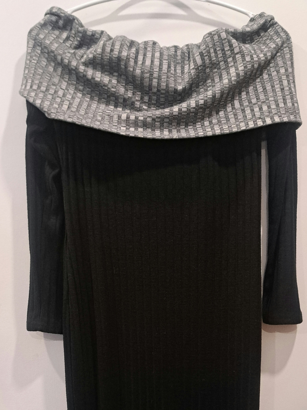 Ml DRESSFO Y2K Off-Shoulder Ribbed Knit Sweater Dress in Black with Gray Cowl